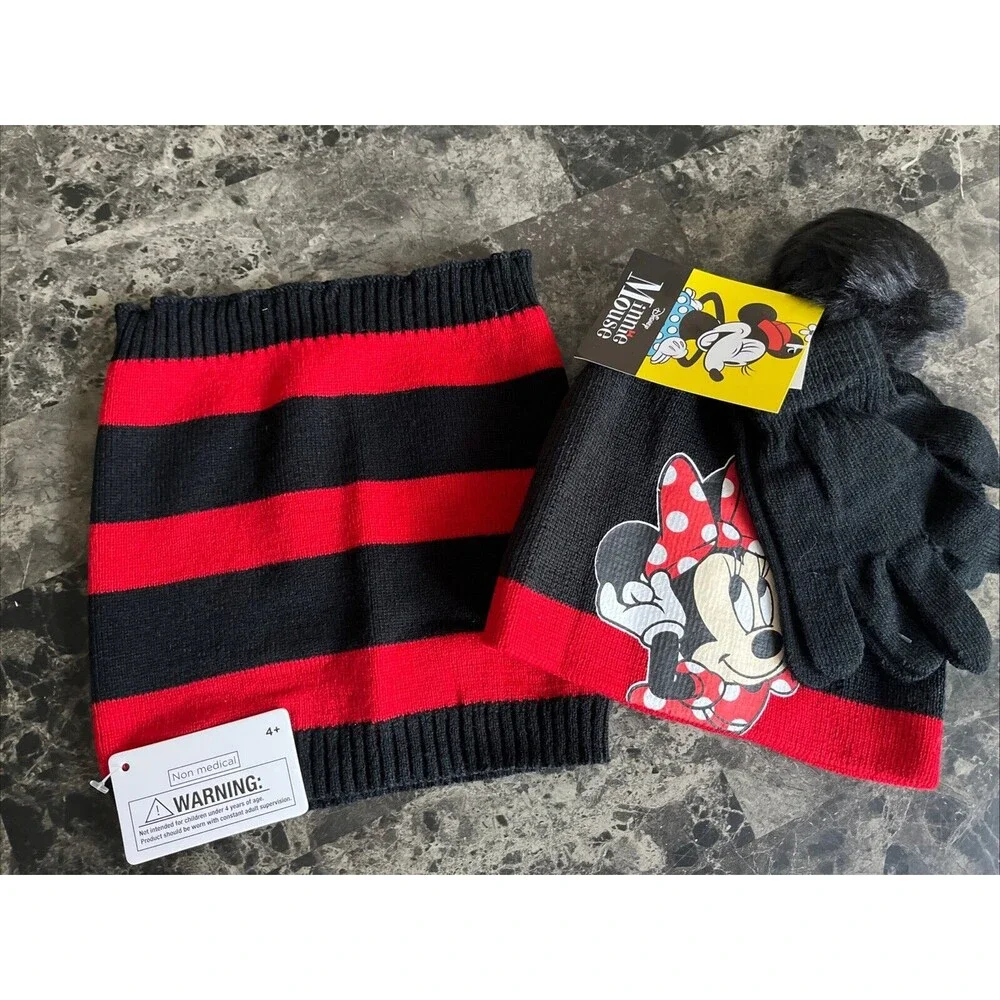 Disney Minnie Mouse Winter Pom Pom Beanie Gloves & Gaiter Set Age 4-7